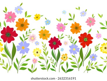 Seamless border of summer wild flowers in folk style. Vector pattern of bright flowers. Colorful bright flowers on white background. Romantic graceful floral design for textile, wallpaper, web, etc.