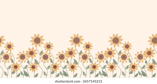 Nahtloser Rand mit Sonnenblumen gesetzt. Isolierte Elemente. Kollektion dekorative florale Design-Elemente. Vintage-Vektorgrafik