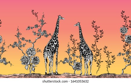 Seamless Border Sunset Panorama Landscape View in Africa, Safari wildlife Giraffe Couple in Rose Flowers, Chinoiserie Floral Print, Exotic Animals on Pink Background, Oriental Print 