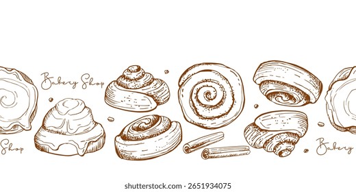 Seamless border with sweet cinnamon buns and cinnamon sticks sketch with inscription. Vector tasty bakery food, yeast french dough, sweet nutrition snack. Hand drawn element for cafe, menu, recipe