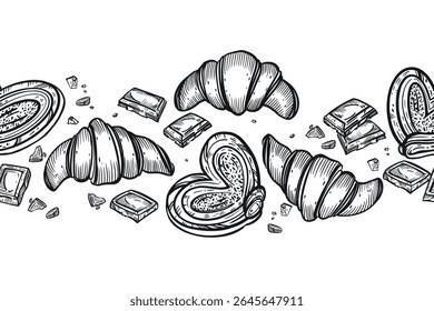 Seamless border of sweets, buns, croissants, chocolate slices, buns. All objects are hand-drawn in vector. For printing on menus, booklets, in the interior of confectioneries, bakeries, on dishes.