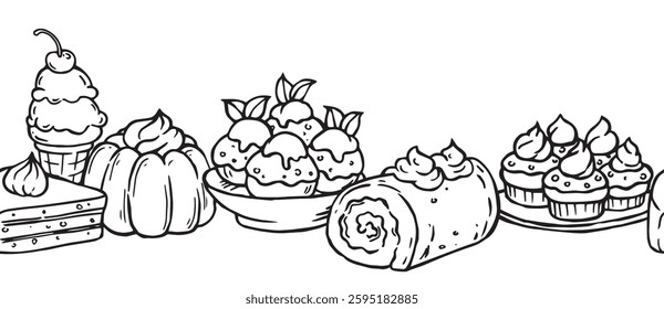 Seamless border with sweets, desserts, cakes and chocolate. Vector illustration in doodle style	