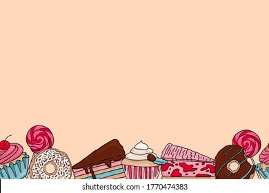 Seamless border with sweets donuts lollipop and cakes. Vector illustration with sweets  on beige background