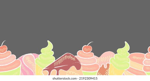 Seamless border with sweets in vintage style. Repeating texture with candy. Endless background with cupcake. Seamless colored pattern stock vector illustration.