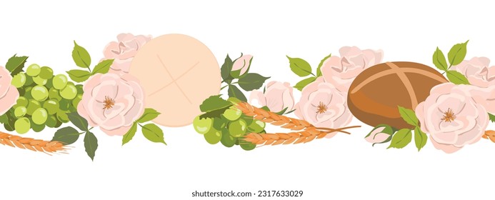 Seamless border with symbols of the Christian religion. elements of holy communion - grapes, bread, ears of corn. Vector. Design for fabric, wallpaper, textile.