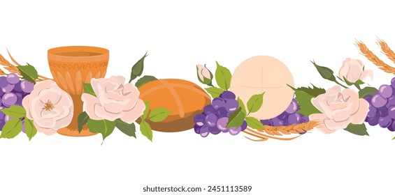 Seamless border with symbols of the Christian religion. elements of Holy Communion - grapes, bread, ears of corn. Vector. Design of fabric, wallpaper, textiles.