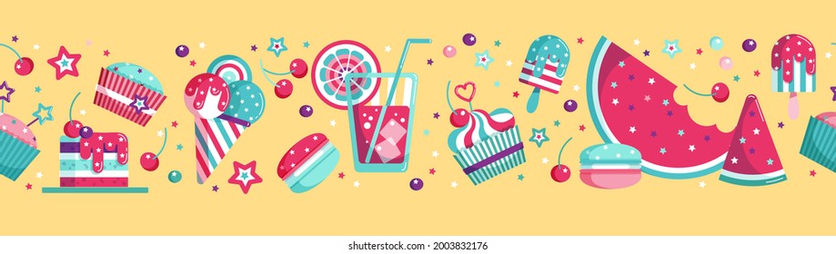 Seamless border of tasty sweet food, drink for Summer party. Vector illustration of ice cream, watermelon, fruits, cherry, blueberries, cupcake, macaroon, juice with orange or lemon in pastel colors