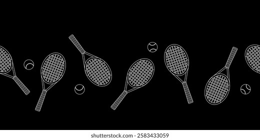 Seamless border. Tennis rackets and balls on a black background. Popular sports. Vector illustration for wallpaper, wrapping paper, print. Black and white.