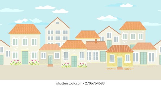 Frontera perfecta con pequeñas casas acogedoras. Paisaje urbano nublado panorámico