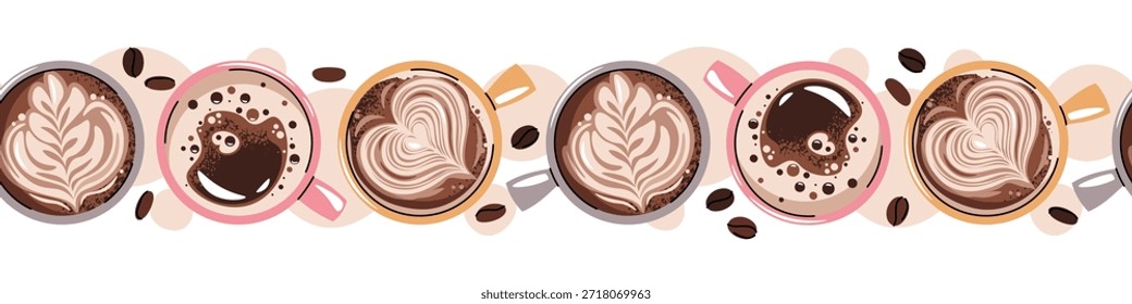 Borde Sin Costuras Con Vista Superior En Tazas De Café En Estilo Plano. Patrón De Repetición Para El Fondo de pantalla Moderno De La Cafetería, Embalaje, Marca, Menú Y Fondo Digital. Concepto de cerveza minimalista.