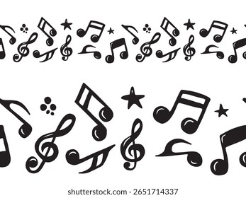 Borda perfeita com clave aguda e notas musicais em preto sobre fundo branco. Ilustração de esboço de vetor desenhado à mão em estilo de arte de linha vintage doodle. Criação de música, desenho de silhueta, textura