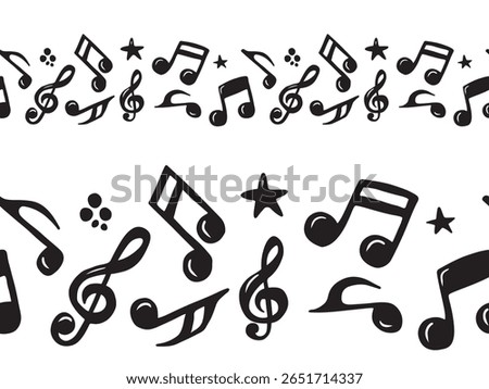 Seamless border with treble clef and musical notes in black on white background. Hand drawn vector sketch illustration in doodle vintage line art style. Music creation, silhouette drawing, texture