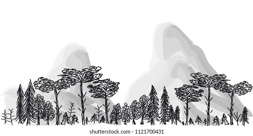 seamless border from trees and mountains on a transparent background