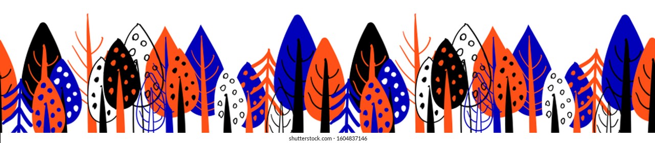 Seamless border with trees. Picture tree. Design of packing tape or print on fabric. Bright Scandinavian style. Blue and orange tseta on a white background.