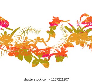 Seamless border with tropical birds, chameleon, plants and flowers. Colorful grunge silhouettes with splashes in watercolor style. Exotic flora and fauna. Vector illustration