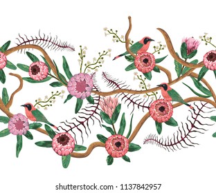 Seamless border with tropical birds, liana, protea flowers and leaves. Exotic flora and fauna. Vector illustration in watercolor style