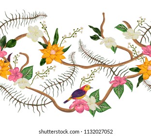 Seamless border with tropical birds, plants and flowers. Exotic flora and fauna. Vector illustration in watercolor style 