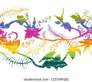 Seamless border with tropical birds, plants and flowers. Colorful grunge silhouettes with splashes in watercolor style. Exotic flora and fauna. Vector illustration 
