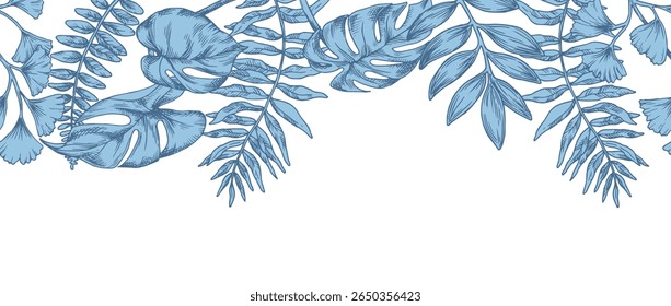Seamless border of tropical blue forest leaves. Vector illustration in sketch style. Monstera, fern, eucalyptus