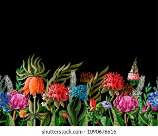 Seamless border with tropical flowers. Vector illustration.