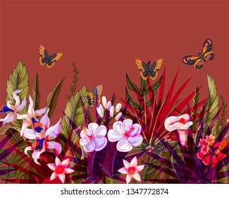 Seamless border with tropical leaf, flowers and butterfly for fabric design. 
