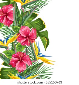 Seamless Border With Tropical Leaves And Flowers. Palms Branches, Bird Of Paradise Flower, Hibiscus.