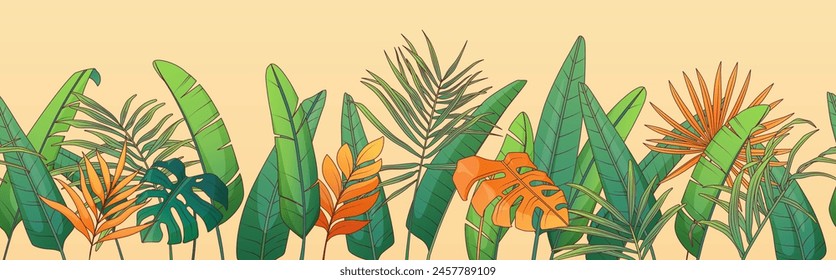 Seamless border with tropical leaves. Illustration of field with strelitzia, monstera, banana palm plant. For design of banner, poster, cards, decoration of room, for design