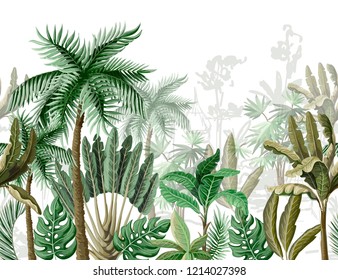 Seamless border with tropical tree such as palm, banana. 