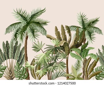 Seamless border with tropical tree such as palm, banana. 