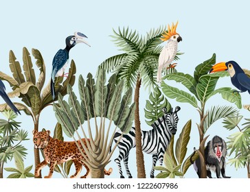 Seamless border with tropical tree such as palm, banana and jungle animals. 