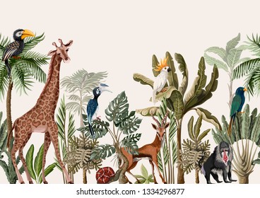 Seamless border with tropical tree such as palm, banana and jungle animals. - Shutterstock ID 1334296877