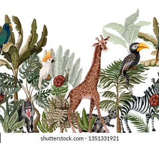 Seamless border with tropical tree such as palm, banana and jungle animals. 