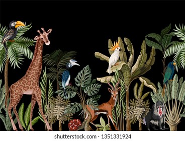 Seamless border with tropical tree such as palm, banana and jungle animals. 