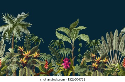 Seamless border with tropical tree such as palm, banana and flowers.