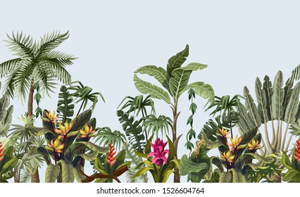 Seamless border with tropical tree such as palm, banana and flowers.