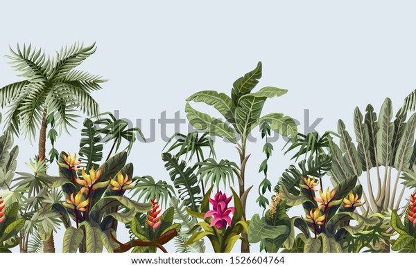Seamless border with tropical tree such as palm, banana and flowers.