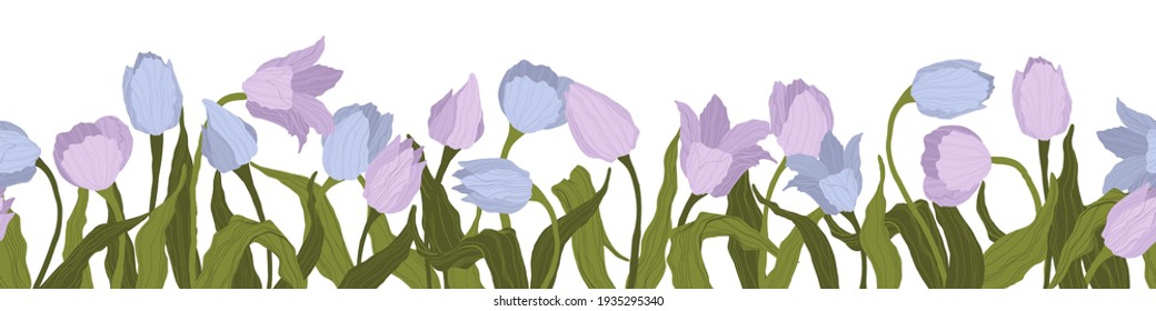 Seamless border of tulips flowers. Vector illustration, background, pattern, print for packaging paper, postcards, textiles. Frame with colorful tulips with leaves. Garland of spring flowers.