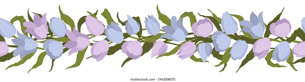 Seamless border of tulips flowers. Vector illustration, background, pattern, print for packaging paper, postcards, textiles. Frame with colorful tulips with leaves. Garland of spring flowers.