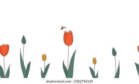 Nahtlose Grenze von Tulpen, handgezeichnet in vereinfachter Kindercartoon naive Art auf weißem Hintergrund.Rute Bienen fliegen über Blume.Für die Gestaltung von Website oder Shop für Frühjahr oder Sommer.Vektorgrafik