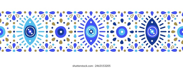 Seamless border of Turkish evil eye symbols. Ethnic style blue greek protection from the spoilage signs with golden details. EPS 10 vector print