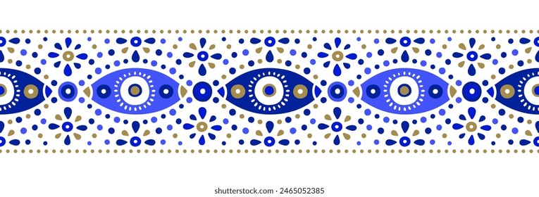 Seamless border of Turkish evil eye symbols. Ethnic style blue greek protection from the spoilage signs with golden details. EPS 10 vector print