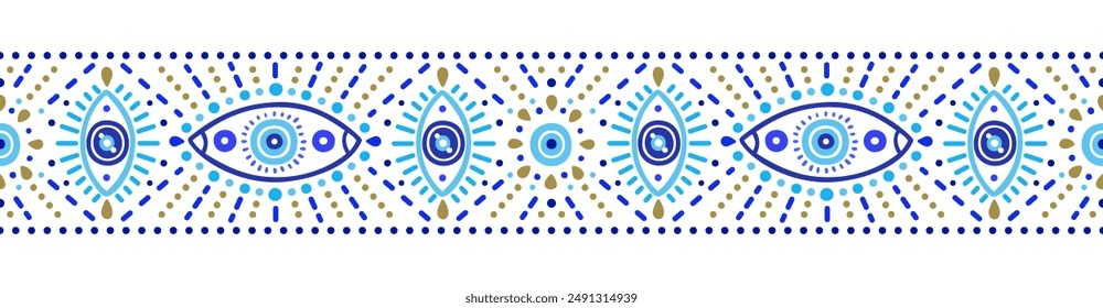 Seamless border of Turkish evil eye symbols. Ethnic style blue greek protection from the spoilage signs with golden details. EPS 10 vector print