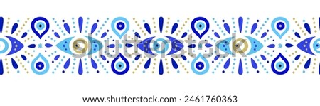 Seamless border of Turkish evil eye symbols. Ethnic style blue greek protection from the spoilage signs with golden details. EPS 10 vector print