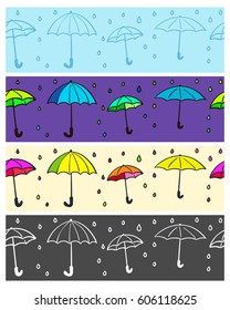 Borde sin inconvenientes con paraguas en diferentes variaciones de color, concepto de clima lluvioso feliz, puede ser usado para diseño de cinturones o cinta de lujo