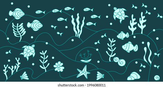 Seamless border Under water. Aquariums. Doodles of the underwater world, sea, ocean, river . Hand-drawn Marine vector motif . Plants algae fish turtles. Vector illustration