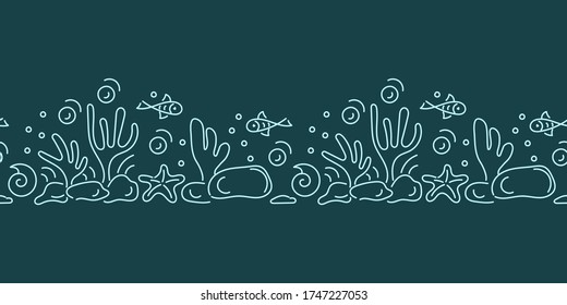 Seamless border Under water  Marine vector motif   Doodle the underwater world  sea  ocean  river   Monochrome  Aquariums  Copy the space for the text