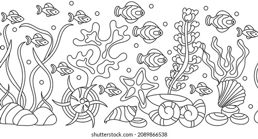 Seamless border Underwater, Marine vector motif . Monochrome Aquariums vector background.