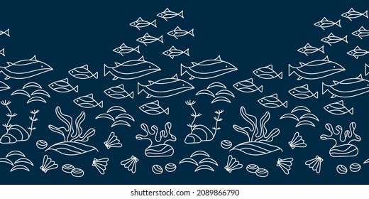 Seamless border Underwater, Marine vector motif . Aquariums vector background. Blue and white
