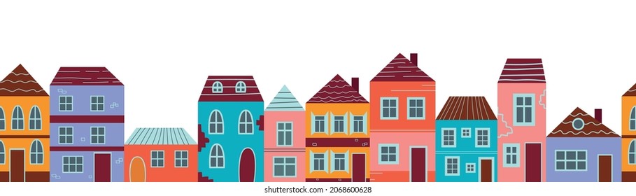 Pequeñas casas urbanas sin fronteras con árboles aislados en un fondo blanco. Ciudad minimalista, ciudad residencial, casa paisajista ilustración vectorial. Fondo de fondo para papel pintado, textiles, tela, envoltura