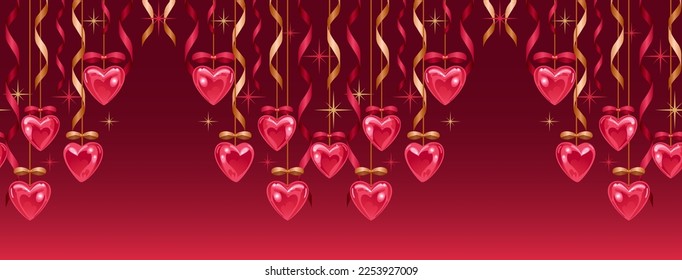 Frontera perfecta para el día de San Valentín. Corazones brillantes, cintas y arcos dorados y rojos, estrellas. te amo. Ilustración vectorial horizontal brillante en un estilo realista. Para banner publicitario, sitio web